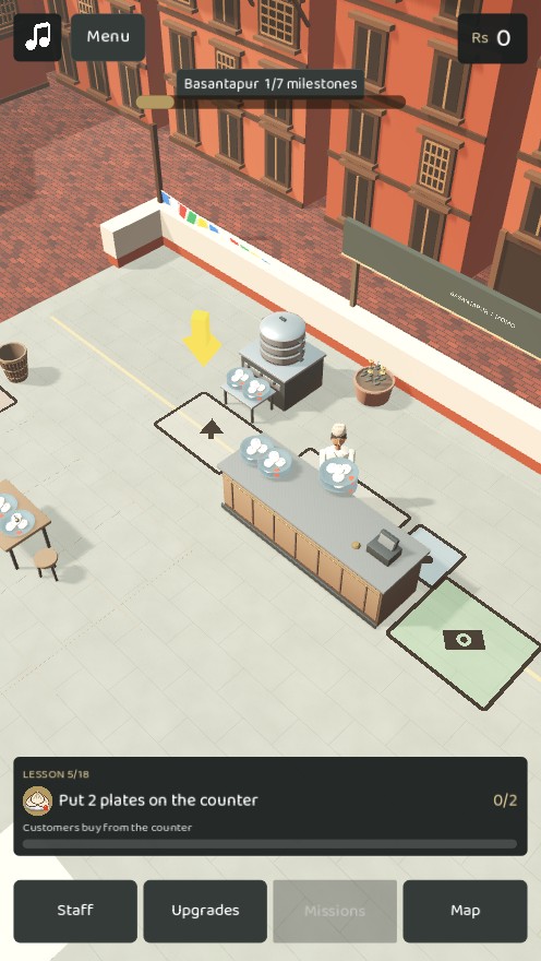The momo restaurant in Basantapur: a steamer, a counter with a queue of customers, and glowing floor zones
