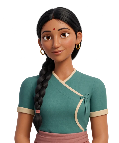 Maya wearing her teal blouse, gold earrings and black braid