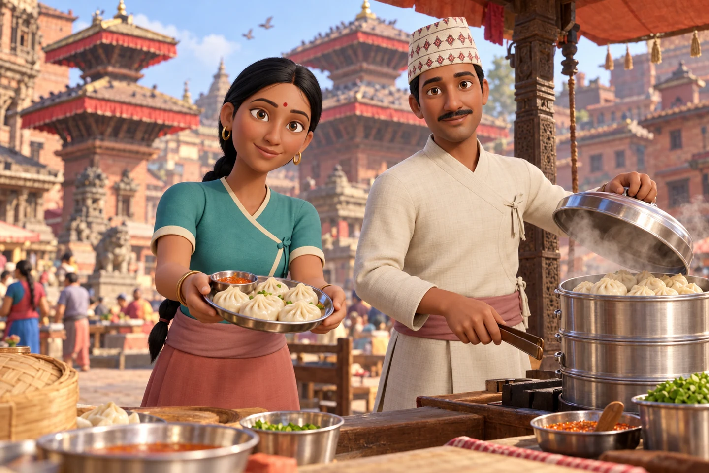 Maya offers a plate of momo while Prakash opens a steaming pot in Basantapur Durbar Square